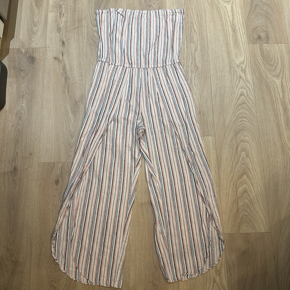 Anthropologie DREW Jumpsuit Tulip Leg Strapless Jumper Pastel Stripe Sz L Linen - Picture 2 of 9